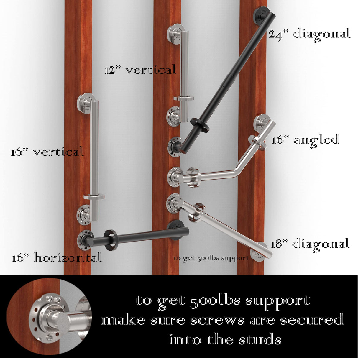 AquaChase ADA Compliant Grab Bar, 500lbs Weight Support for Bath Safety (12 inch, Matte Black)