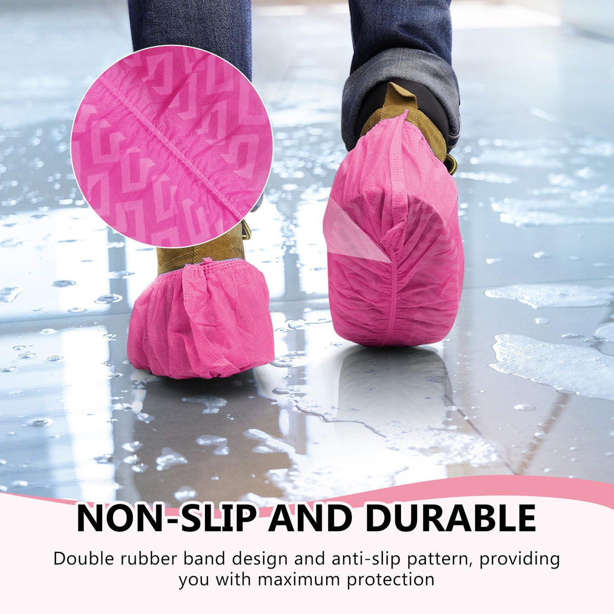 squish Shoe Covers Disposable Non Slip, 100 Pack(50 pairs) Pink Thick Extra Disposable Boot Covers Slip Proof Shoe Cover for Indoors Outdoors Durable Protector Covers Fits Virtually Most Shoes