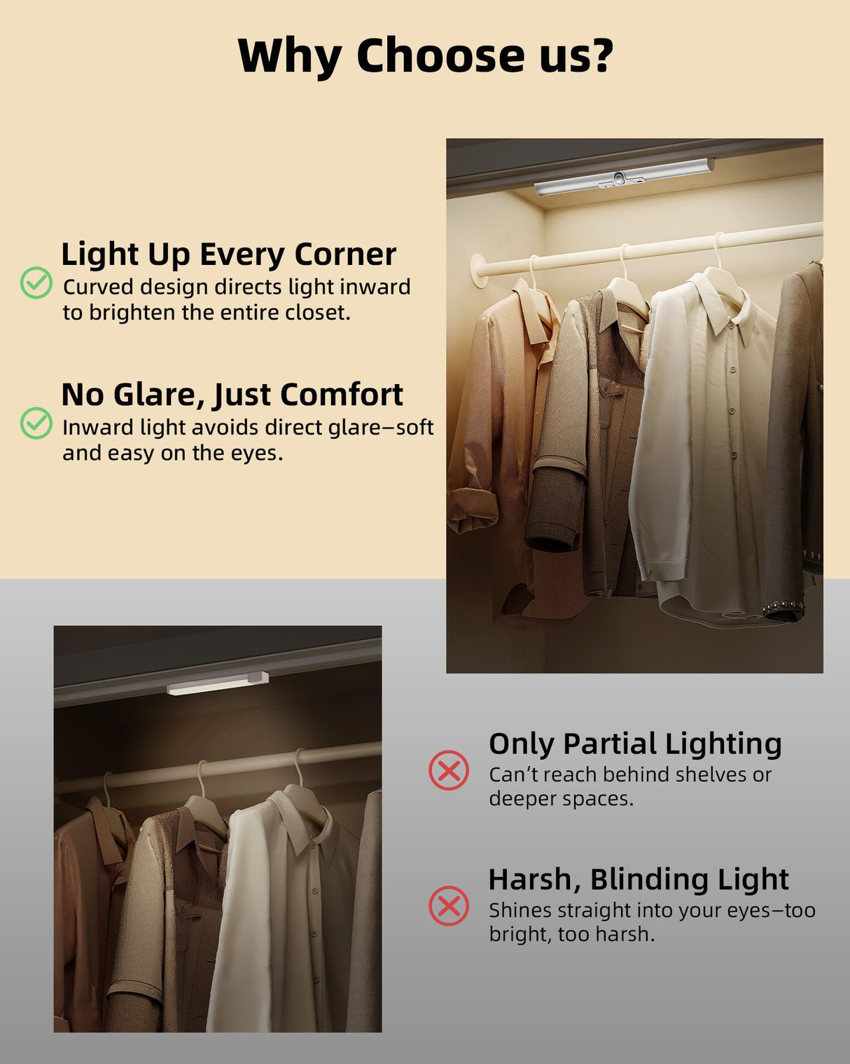 EZVALO 13-inch Motion Sensor Closet Lights, 2 Pack Rechargeable LED Lights with Rotatable Sensor, Glare-Free, 3 Color Temps & Dimmable, Magnetic Cabinet Lighting for Closet, Pantry, Stairs