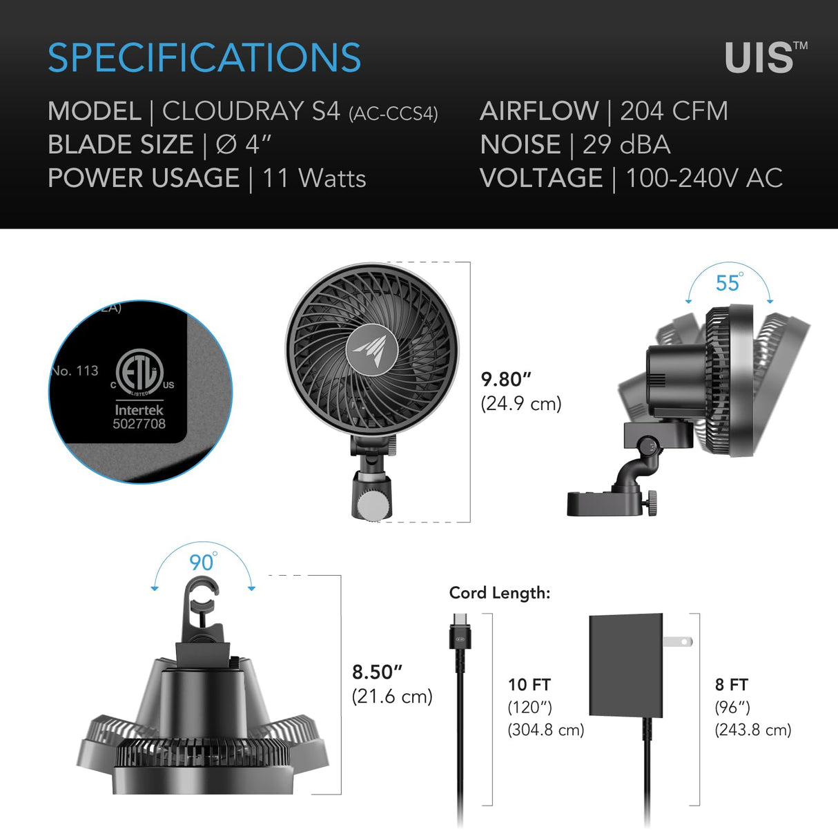AC Infinity CLOUDRAY S4, Ultra-Compact Grow Tent Clip Fan 4”, Precision 10 Dynamic Wind Speeds, 10-Level Oscillation, Weatherproof IP-54, Specialized High-Velocity Circulation for Small Grow Spaces