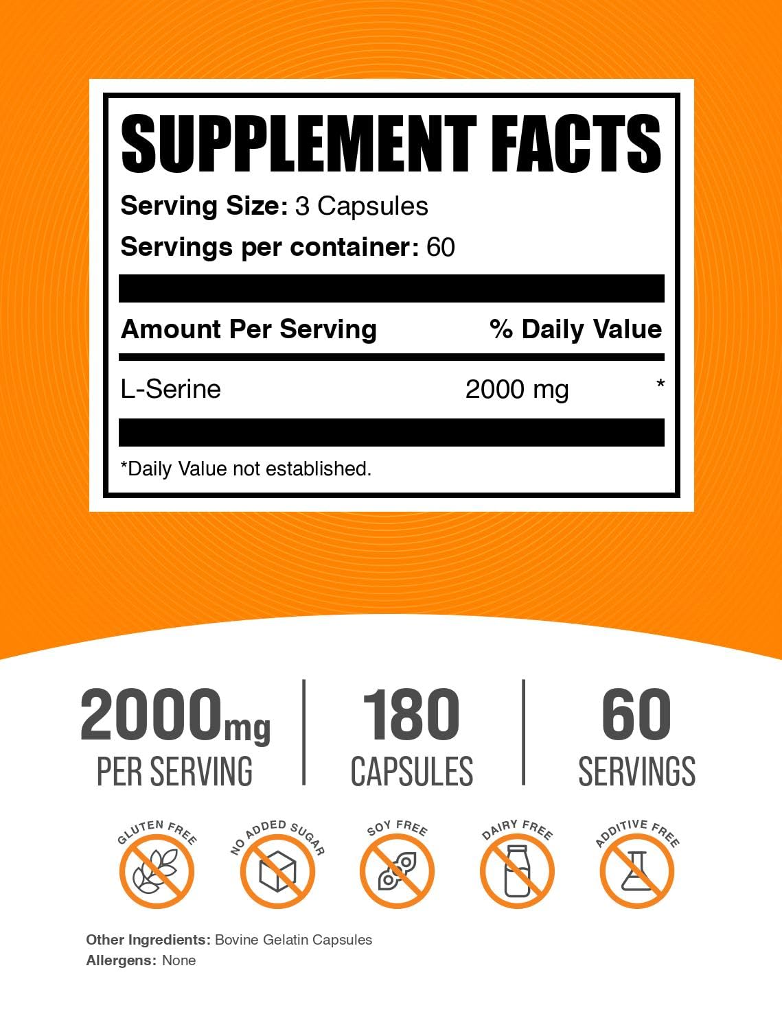 BulkSupplements.com L-Serine Capsules - Serine Supplement, Amino Acids Supplement - Gluten Free, 3 Capsules per Serving, 180 Count (Pack of 1)