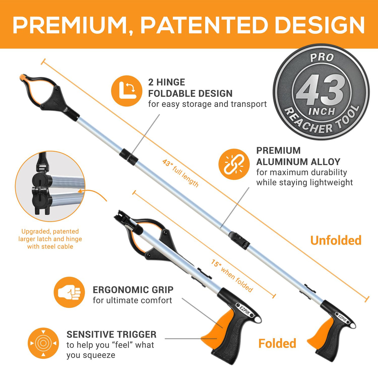 EZPIK Pro 43" Foldable Grabber Reacher Tool for Seniors - Grabbers for Elderly Reaching Tool Heavy Duty Pickup Trash Picker Upper Equipment - Claw Grabber Stick for Reaching Aids, Weed Gripper