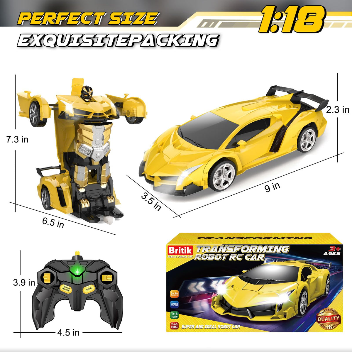 Britik Transform Remote Control Car Toys for Boys 4-6, Drift RC Car Yellow