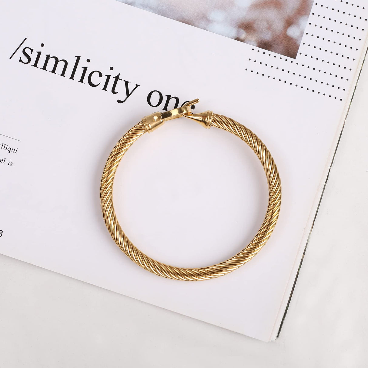 HX SHARE Twisted Cable Bracelet Stylish Fine Stainless Steel Cable Cuff Bracelet with Hook Clasp Bracelets Jewelry for Women 18K Gold (7.6")
