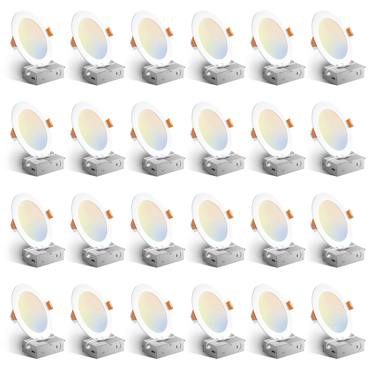 Amico 24 Pack 6 Inch 5CCT Ultra-Thin LED Recessed Ceiling Light with Junction Box, 1050LM Brightness, Dimmable Canless Wafer Downlight, 12W, ETL&FCC