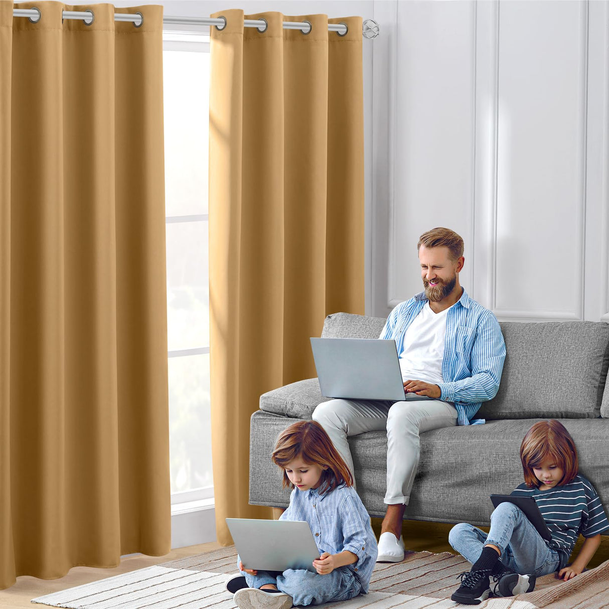 HOMEIDEAS Gold Blackout Curtains for Bedroom 52 X 84 Inch Length 2 Panels Set Room Darkening Bedroom Curtains, Soundproof Thermal Grommet Window Curtains for Living Room for Christmas
