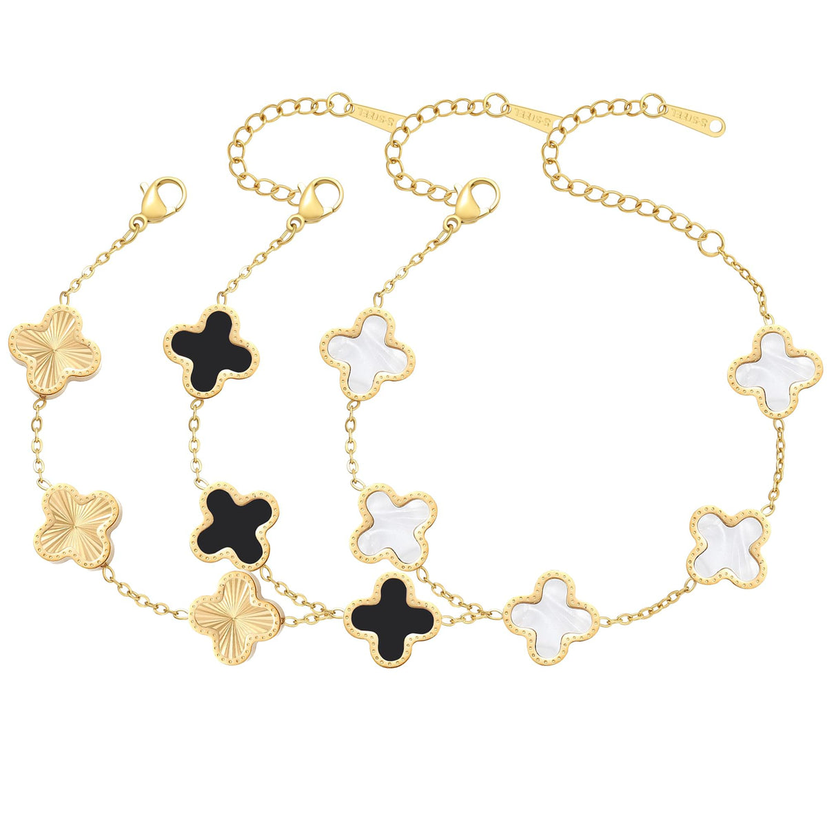 AIPPK 18K Gold Plated Clover Bracelet Set for Women Four Leaf Lucky Flower Bracelets Fashion Simple Jewelry Gifts for Women 3Pcs,white+black+gold
