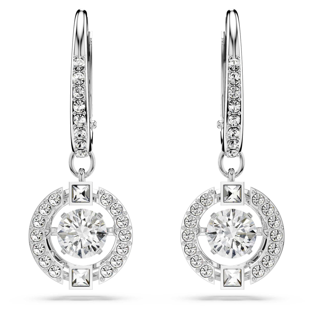 Swarovski Una Drop Pierced Earrings with Crystal Pavé Surrounding a Round, White Floating Stone on a Rhodium Finished Setting