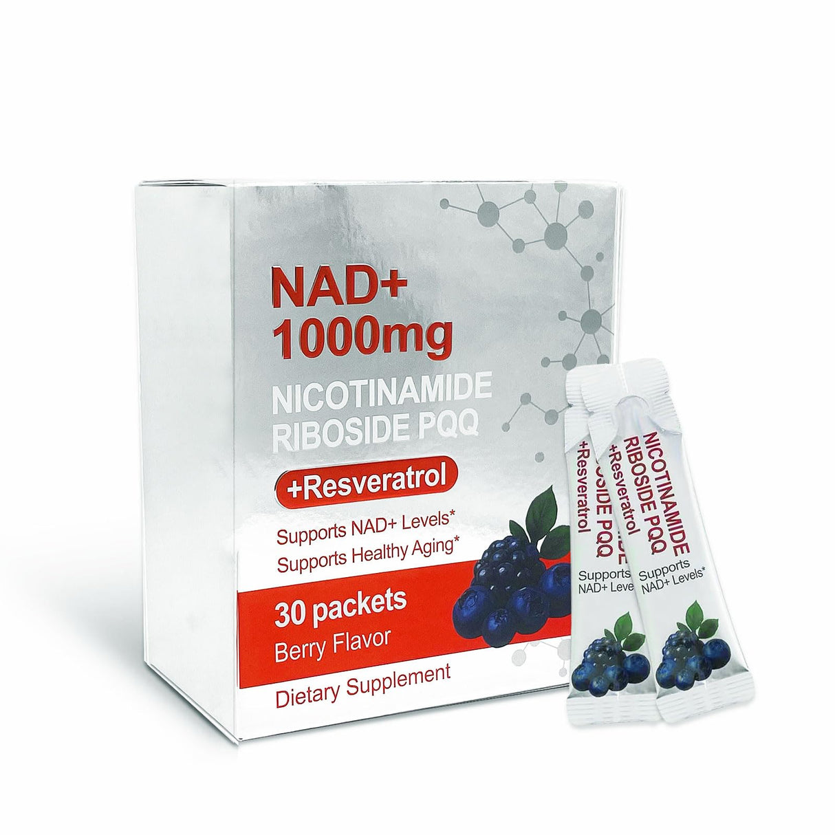 NAD 1000mg Liquid – Berry Flavor Drink Mix with Nicotinamide Riboside, Resveratrol & PQQ – 30 Convenient Packets