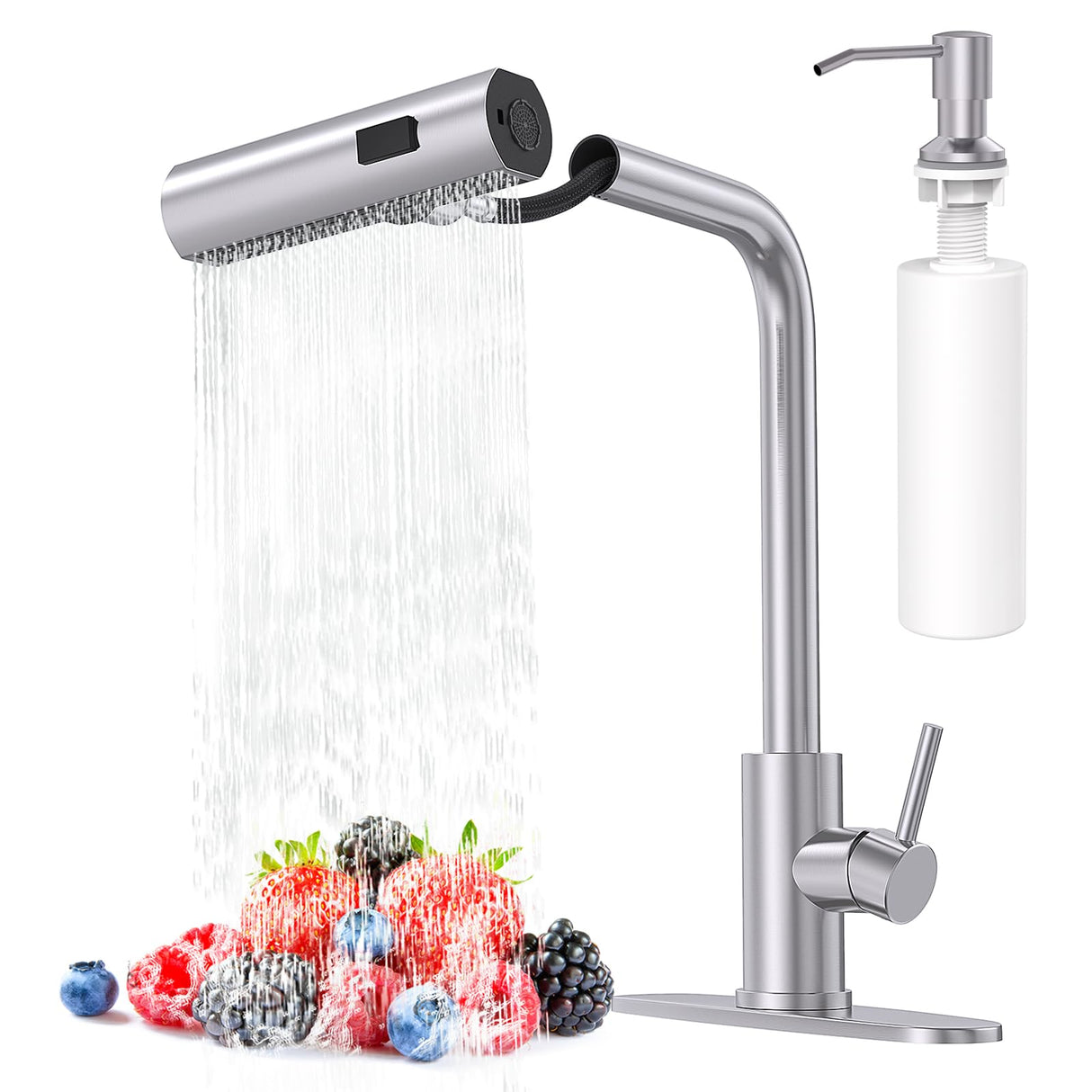 AVSIILE Brushed Nickel Kitchen Faucets with Pull Down Sprayer & Soap Dispenser, Single Hole & Handle, Pull Out Tap, Waterfall Stainless Steel Sink Faucet for Farmhouse Camper Laundry Rv Bar