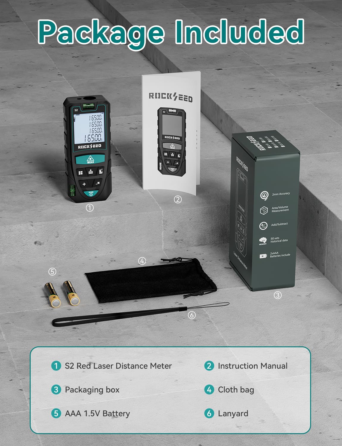 Laser Measure 50M/165ft,RockSeed Digital Laser Distance Meter with 2 Bubble Levels,Portable M/in/Ft Unit Switching Backlit LCD and Measuring Distance/Area/Volume/Pythagorean
