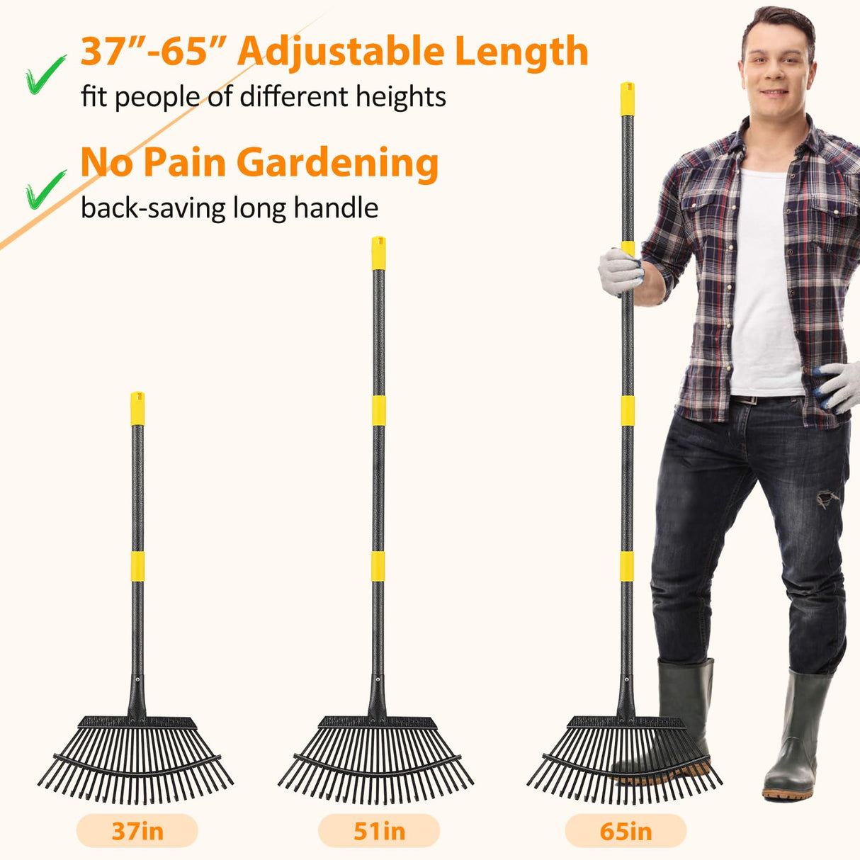 Rake, Garden Rake for Leaves, Heavy Duty Metal Leaf Rakes with 37-65 inch Adjustable Steel Handle, 25 Tines 18" Wide Rake Garden Tools for Lawns Yard Flower Bed Grass Mulch Shrub Camping Gardening