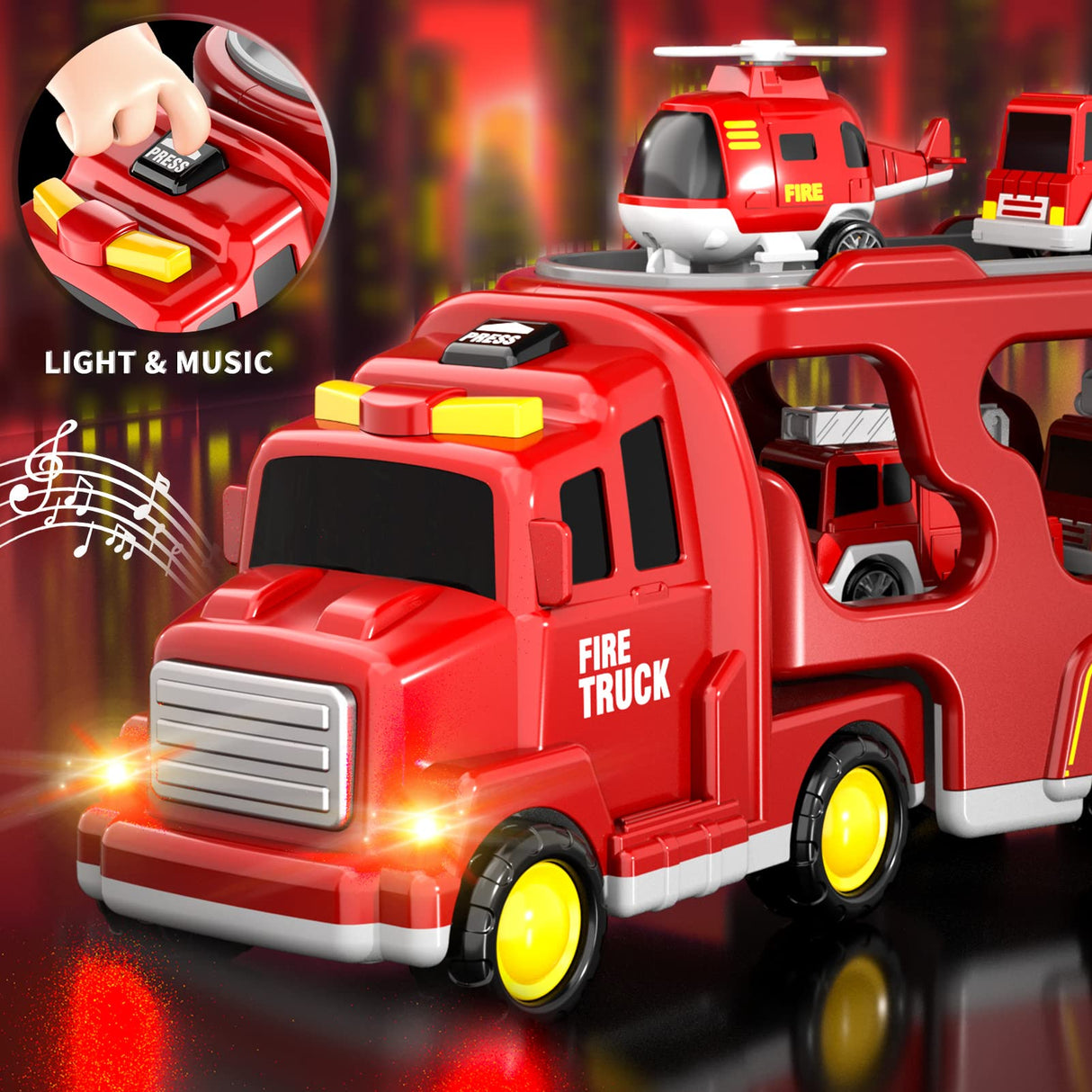 Bennol 5-in-1 Fire Trucks Toy Set for Boys Age 1-3 3-5, Fire Car Truck for Toddlers 1 2 3 4 5 6 Years Old, Christmas Birthday Gift Car Sets with Light Sound