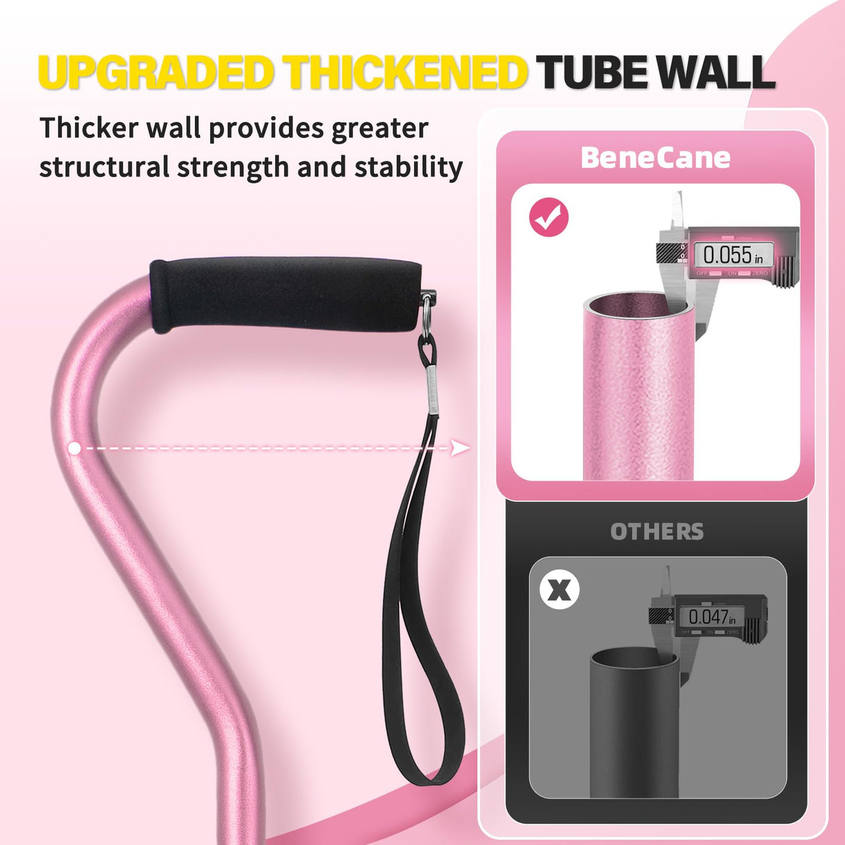 BeneCane Walking Cane Adjustable Cane with Offset Soft Cushioned Handle for Men & Women Lightweight Comfortable Extra Stability Base Mobility Aid for Men Women and Seniors Pink