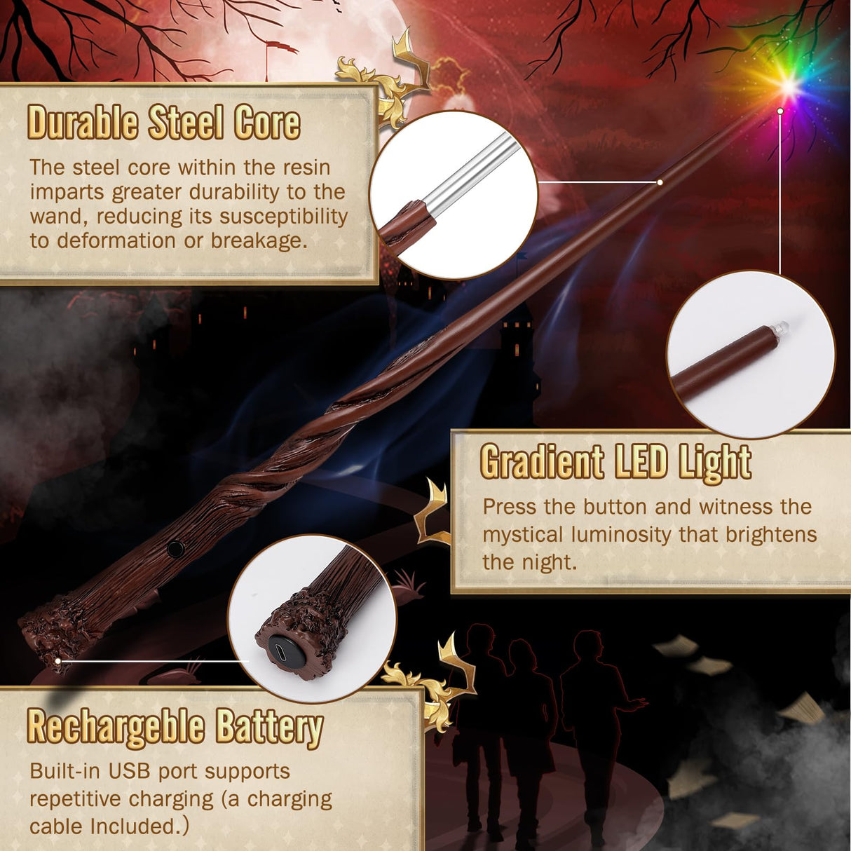 ShinySong Rechargeable Light Up Wizard Wand with Gradient Lighting,Illuminating Magic Witch Wands for Kids Christmas Cosplay Party, Root