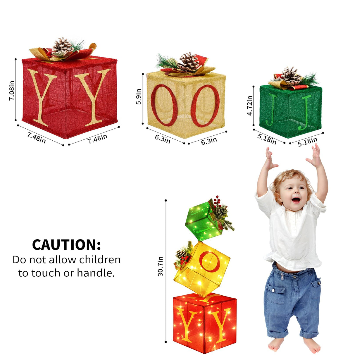 COVFEVER Christmas Joy Lighted Gift Boxes Decorations Set of 3, 2.6Ft Stackable Christmas Nesting Boxes Battery Operated for Home and Party Decoration