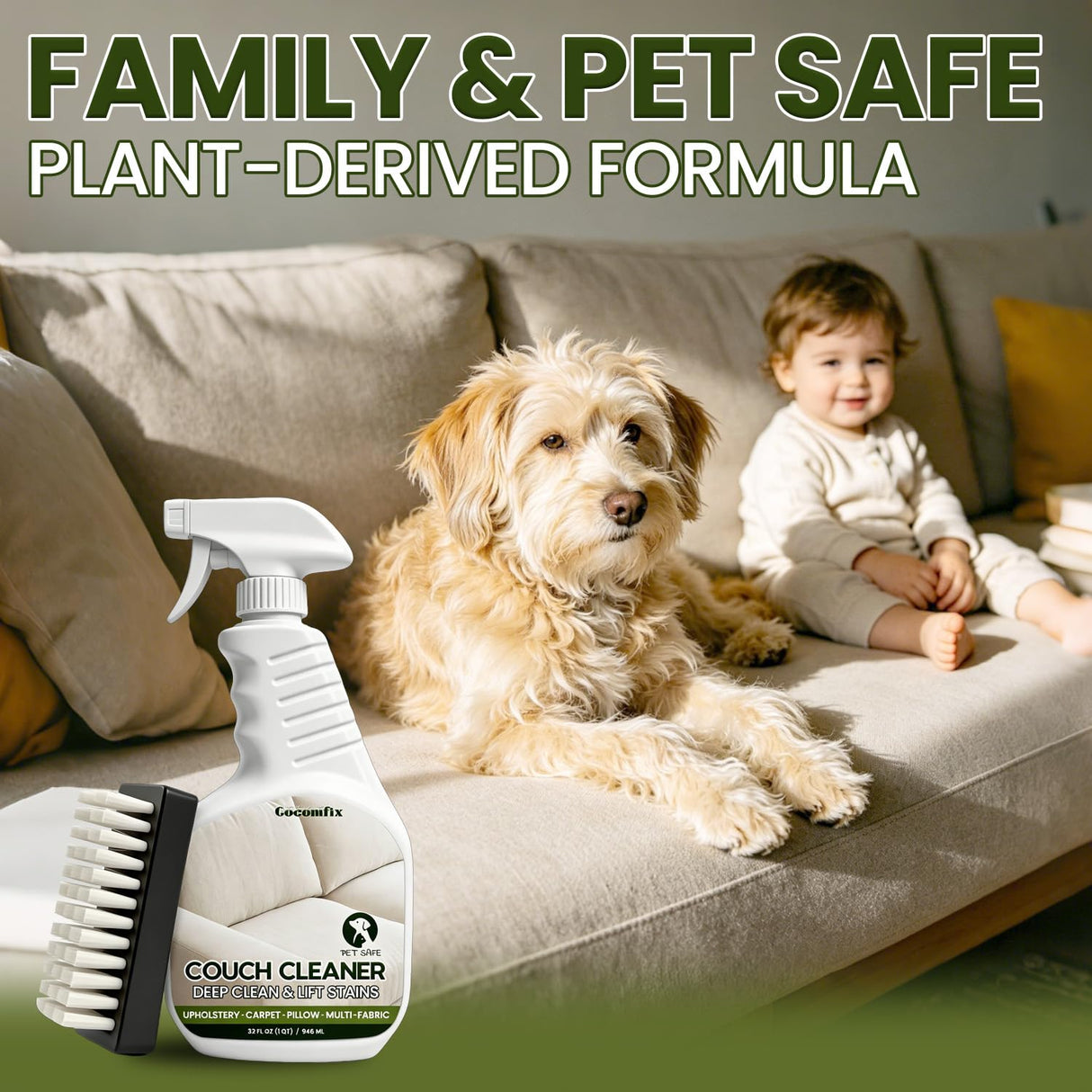 cocomfix Couch Cleaner Spray for Upholstery & Fabric – Stain Remover for Pet Stains, Old Spots, Coffee & Ink – Pet Friendly, No Rings, Quick-Drying – For Sofas, Chairs, Cushions & Area Rugs – 32oz