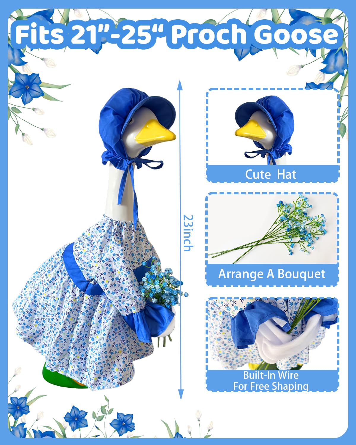 GigaCircle Spring Porch Goose Lady Outfits with Artificial Flowers - 23" Floral Dress Lawn Geese Clothes with Hat, Cute Porch Goose Summer Outfits for Patio Garden Decor, Best Gift for Mom Grandma