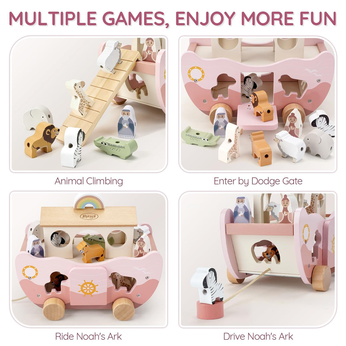 Joyreal Pink Wooden Noah's Ark Toy for 1 Year Old Baby Girl Baptism Gifts