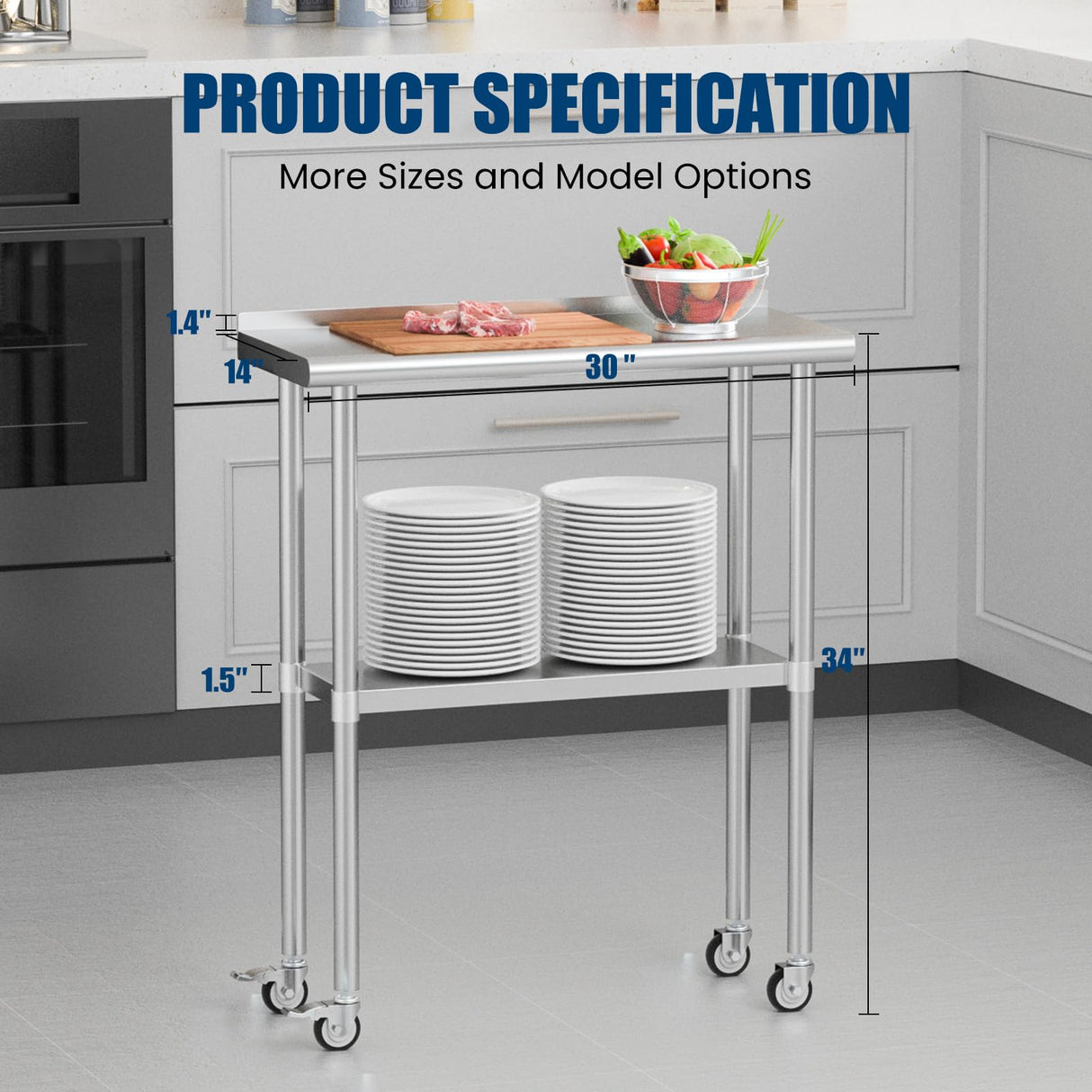 Chingoo Stainless Steel Work Table with Wheels, 14x30 Inch NSF Food Prep Table with Backsplash & Adjustable Undershelf for Commercial Kitchen, Restaurant, Garage