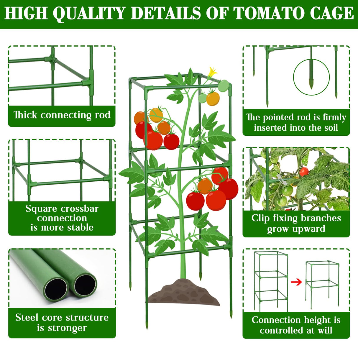 ZeeDix 6 Pack 60 Inch Heavy Duty Tomato Cages for Garden with Clips