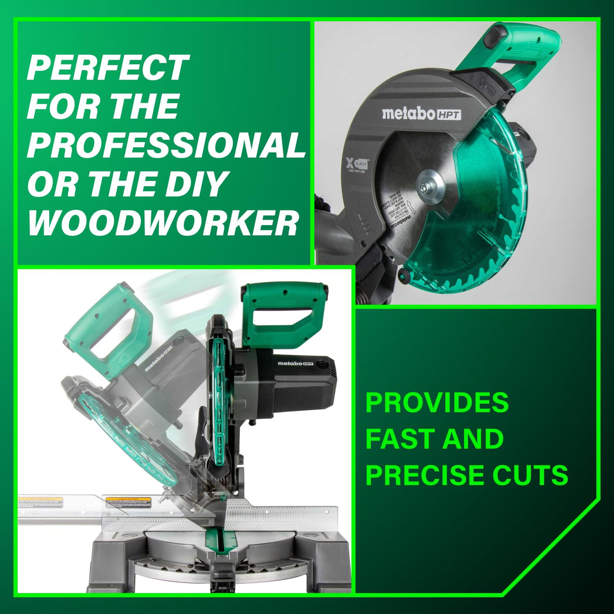 Metabo HPT 10-Inch Compound Miter Saw, 15-Amp Power Saw with Large 10-Inch Table, Precision Miter Angles, Single Bevel 0-45°, 24T TCT Blade, Positive Stops, Lightweight Design, C10FCGS