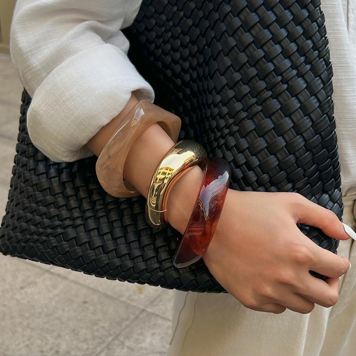 Ingemark Gold Resin Bangle Bracelet, Wide Cuff Minimalist Jewelry for Women, Acrylic Mixed Pattern (Gold01)
