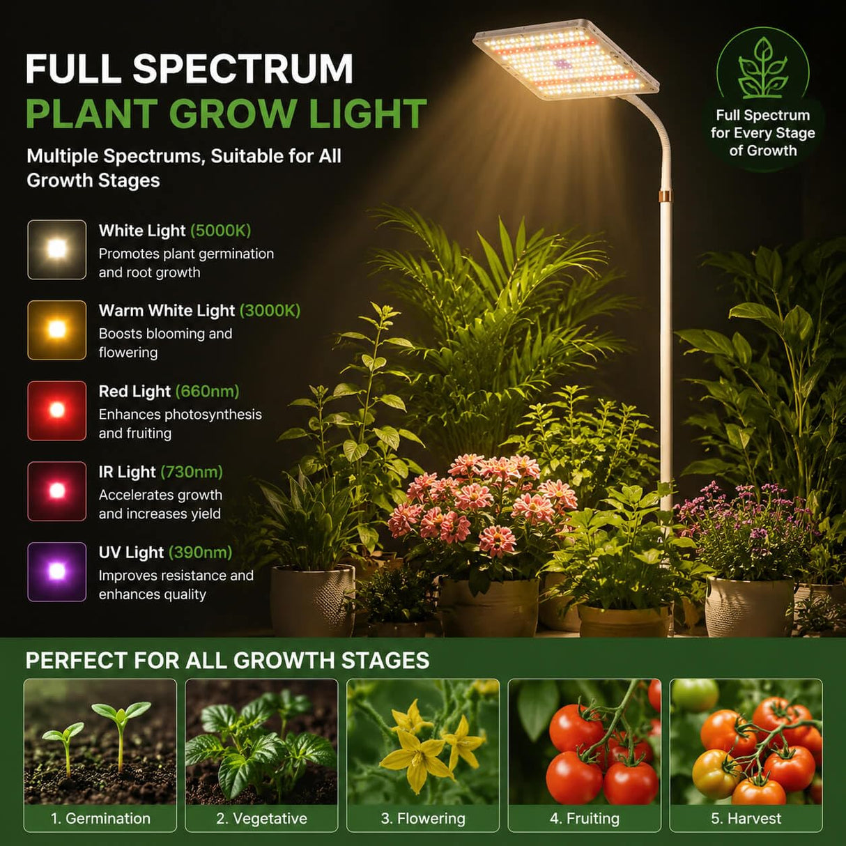 LED Grow Lights for Indoor Plants with Stand for Floor and Tabletop, Full Spectrum Plant Lights for Indoor Growing with Timer 4H/8H/12H, Grow Light with 3 Lighting Mode & 10 Dimmable Brightness.