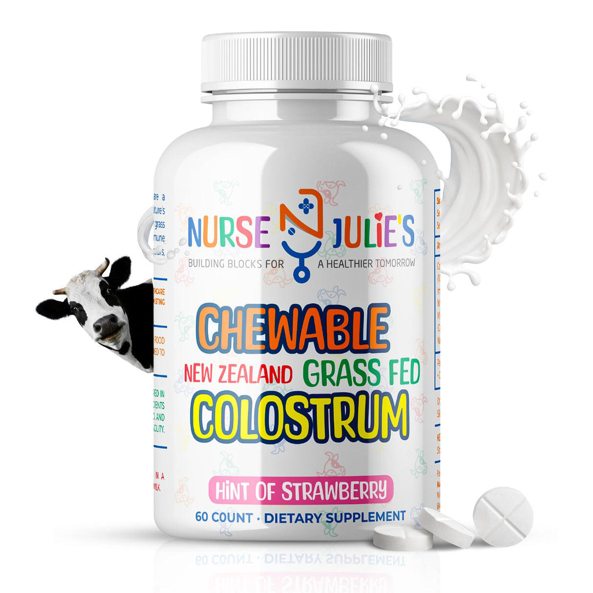 Nurse Julie's Chewable Colostrum Tablets for Kids - 100% Grassfed New Zealand Colostrum - Immune Support, Gut Health in Children - 60 Tablets - 2 Month Supply