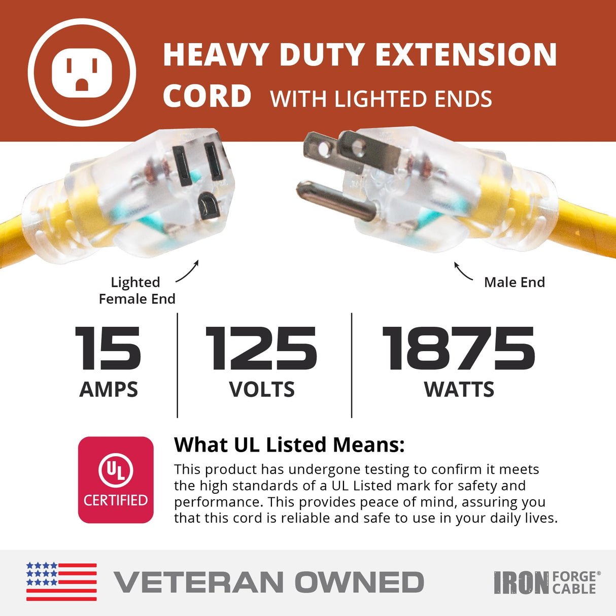 IRON FORGE CABLE 2 Pack of 10 Foot Outdoor Extension Cords - 12/3 SJTW Heavy Duty Lighted Yellow Extension Cable Set, 15 AMP