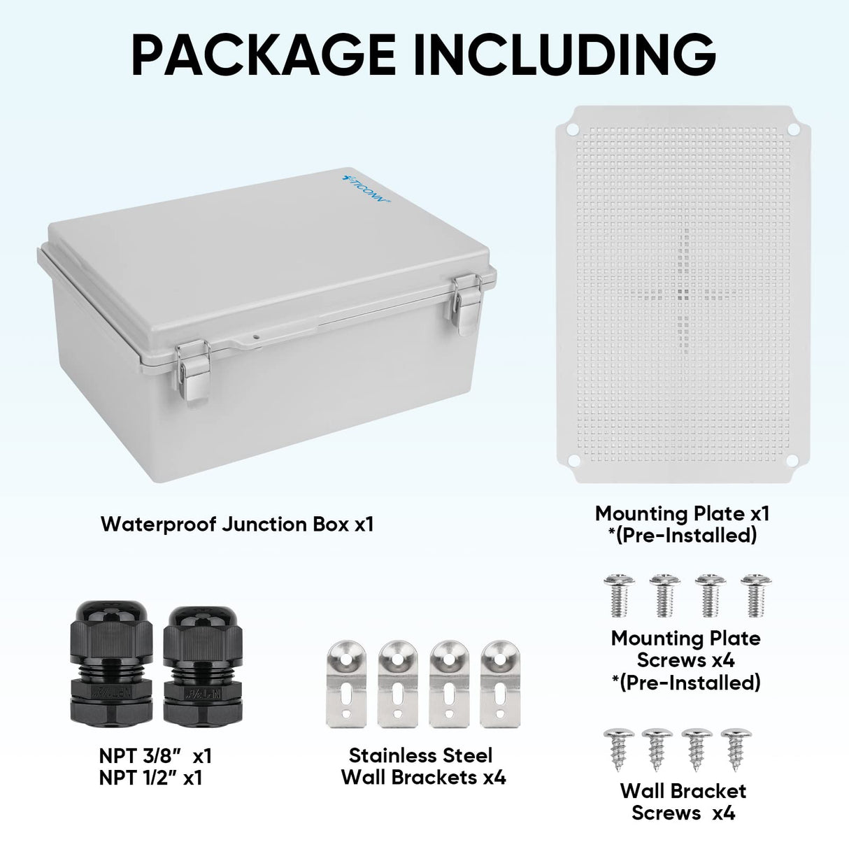 TICONN Outdoor Electrical Box Waterproof, Junction Box IP67 ABS Plastic Enclosure with Hinged Cover with Mounting Plate, Wall Brackets, Cable Glands (Off-White, 13.8"x9.8"x5.9")