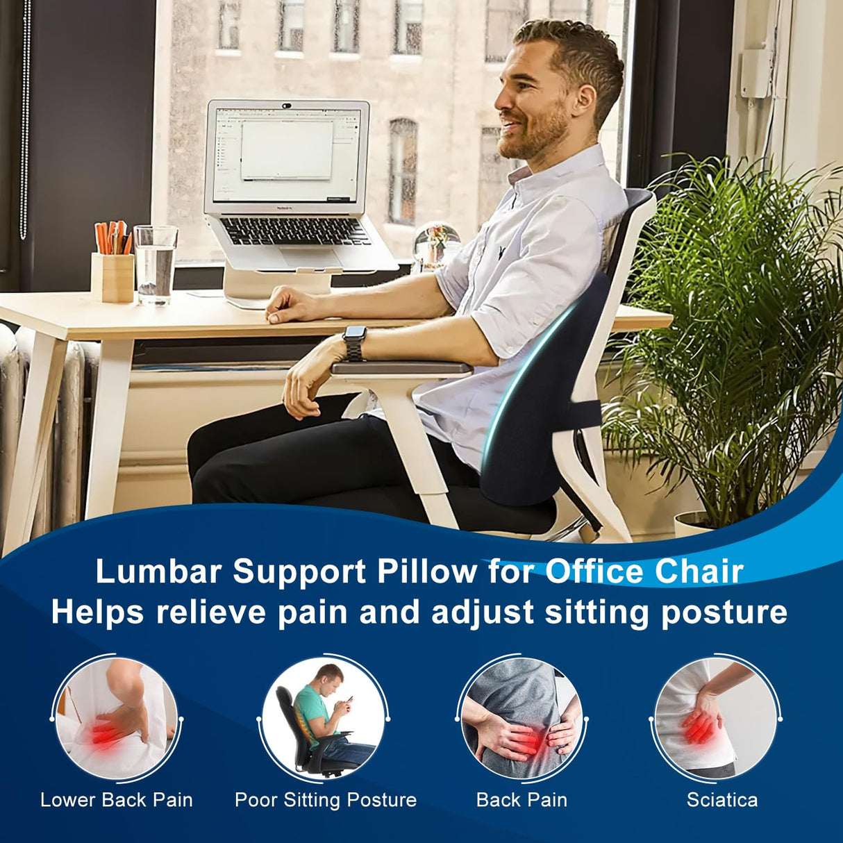 QUTOOL Lumbar Support Pillow for Office Chair, Memory Foam Low Back Support,Back Pain Relief, Ergonomic Large Back Cushion for Desk Chair,Gaming Chair,Adjustable Strap and Washable Cover