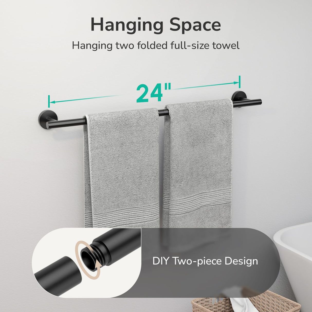 USHOWER Matte Black Towel Bar, 24-Inch Towel Rack for Bathroom Wall Mounted, Thicken SUS304 Stainless Steel Towel Rod Modern Home Decor (Total Length 26-Inch)