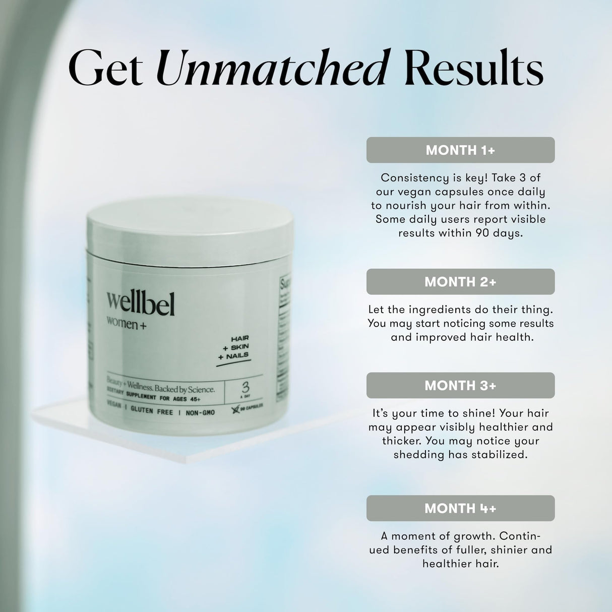 WELLBEL Women + Clean Supplement for Hair, Skin, and Nails, Vegan, Gluten Free, Non GMO 90 Count