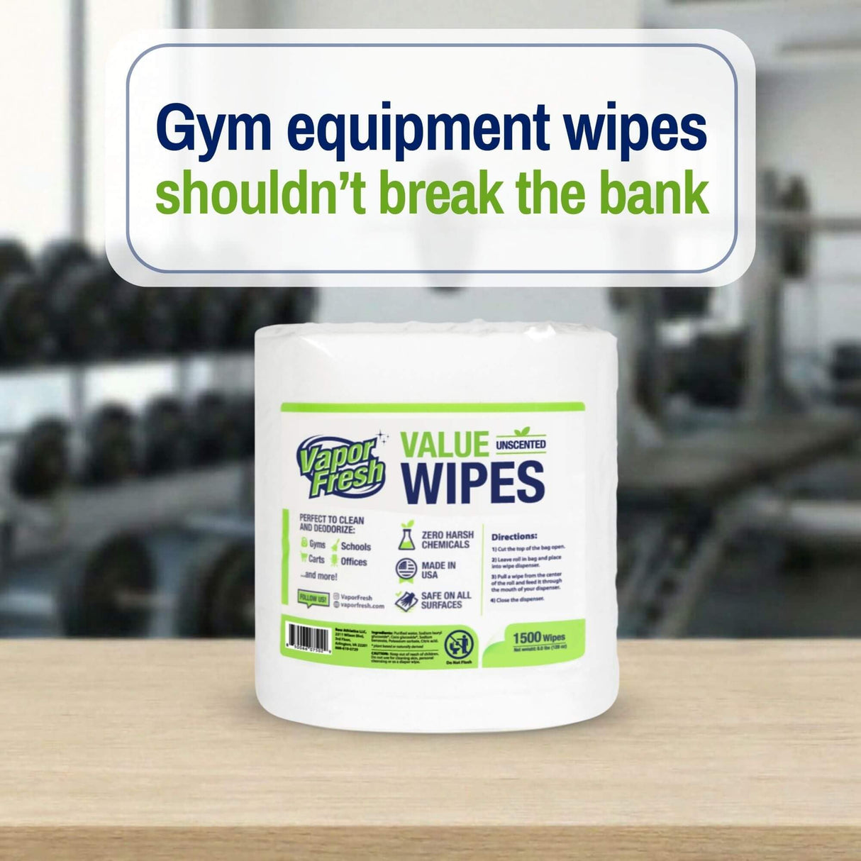 Vapor Fresh Value Wipes - 1,500 Count x 4 Rolls (6,000 Total Wipes) Plant Powered Commercial Grade Cleaner For Gym Equipment, Fitness Studios, Spas, Schools - Bulk Refill Rolls - Unscented
