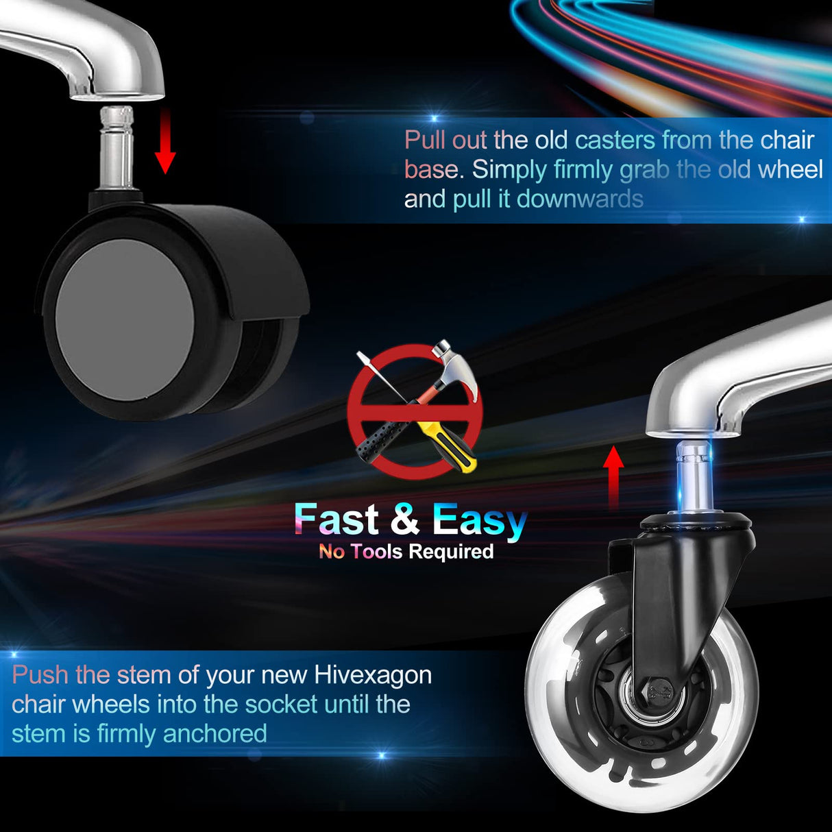 Hivexagon Office Chair Caster with RGB Color Changing Lights Set of 5 Rubber Replacement, Heavy Duty Universal Quiet Rolling Casters Fit Standard Office Chair for Hardwood Floors, Tiles and Carpet
