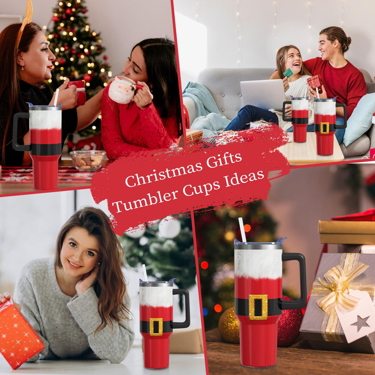 Aokoyi Christmas Gifts 40 Oz Tumbler with Handle and Straw, Red Xmas Santa Claus Clothes Stainless Steel Insulated Cup Water Bottle, Holiday Gifts for Women Men (1PC)