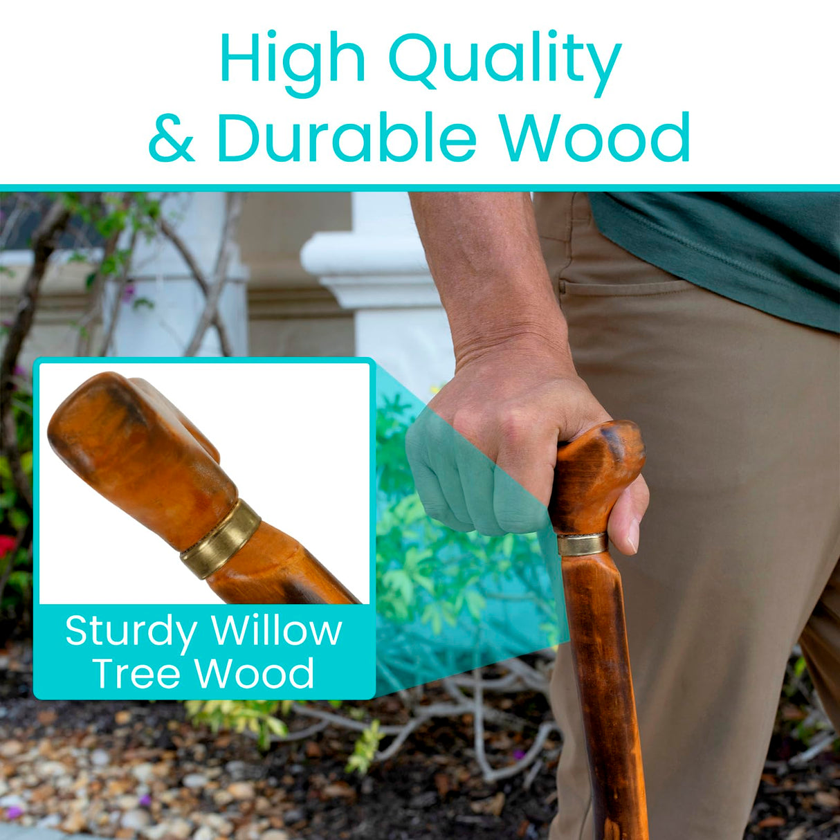 Vive Wooden Walking Stick Cane - for Men, Women, & Seniors - 36 Inch Single Point Rubber Tip with Willow Handle - Ergonomic Grip for Balance & Stability - Lightweight Elderly Assistance Product (Wood)