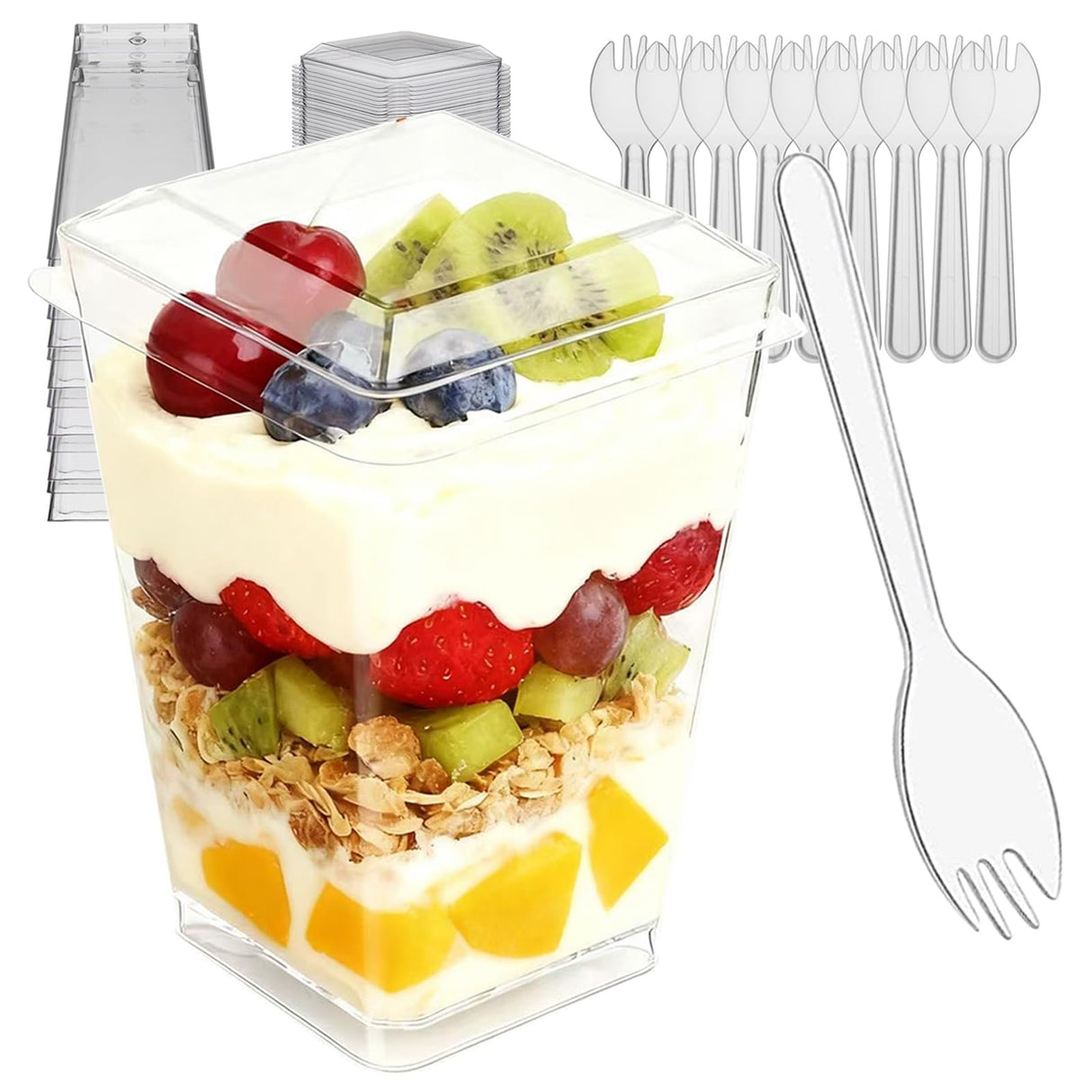 Toowood 100pcs Clear Dessert Cups with Lids and Spoons, 5.4oz Mini Dessert Cups Reusable Square Parfait Cup for Party Appertizer, Christmas