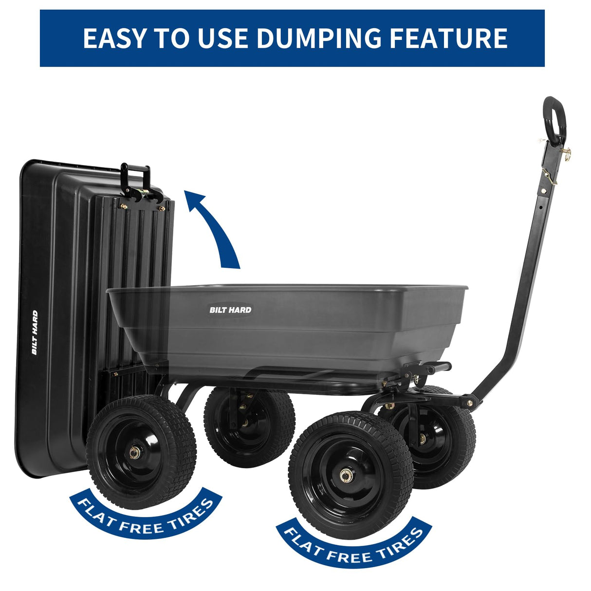 BILT HARD 7 Cu Ft Poly Garden Dump Cart 1200 lbs with No Flat Tires, Quick Release, 2-in-1 Convertible Handle, Dump Wagon Heavy Duty for Yard, Outdoor