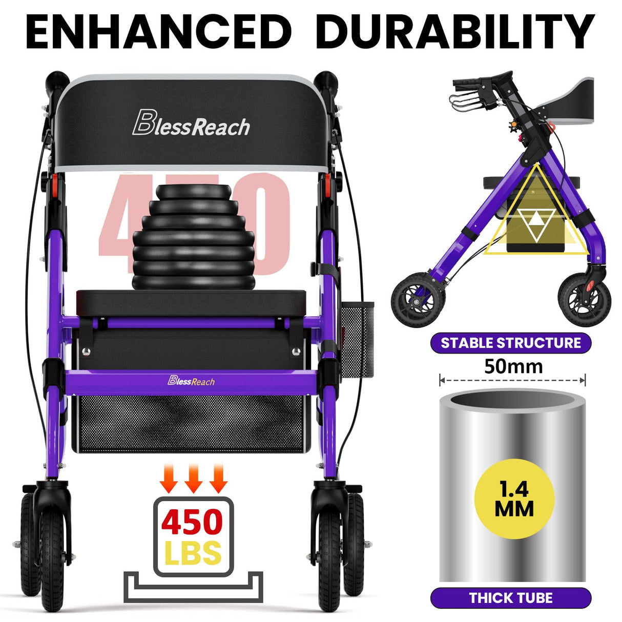 BlessReach Foldable Rollator Walkers with Seat for Seniors, 450 lb Capacity, 8'' Wheels, 18" Big Seat, 6-Position Adjustable Height, Heavy-Duty Aluminum Rolling Walker (Purple)