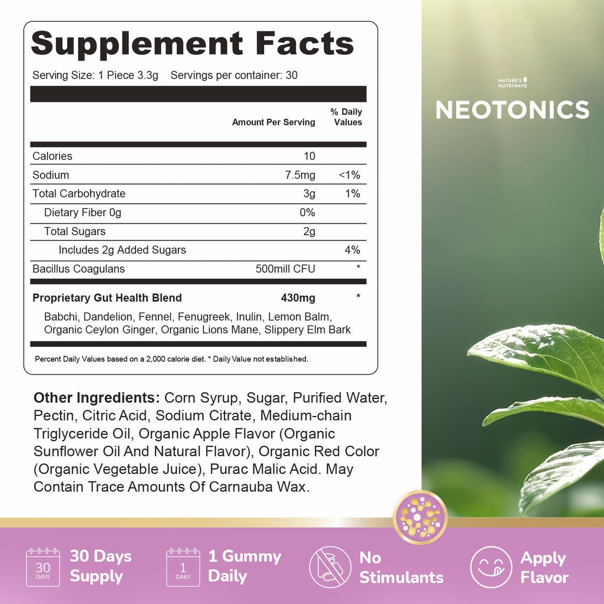 Neotonics Skin and Gut Gummies - 100% Natural Probiotic Gummies, Chewable Probiotics for Digestive Health & Skin Health, Daily Probiotics for Women & Men - Apple Flavor, 30 Gummies, 1 Month Supply
