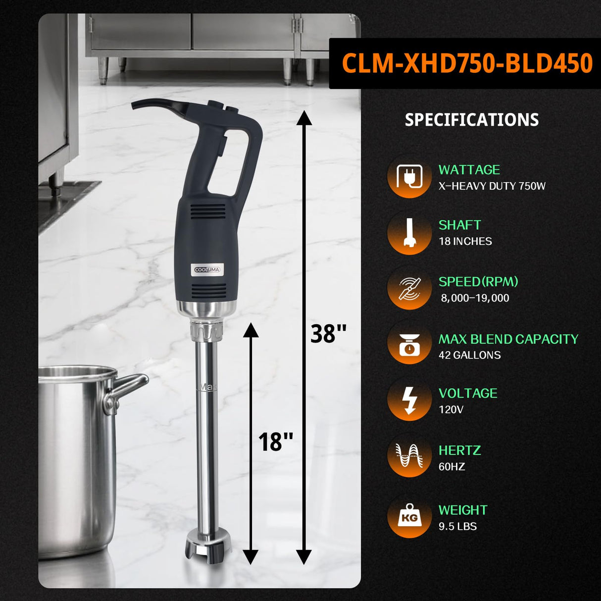 COOLUMA Commercial Immersion Blender, X-Heavy Huty 750W Handheld Blender, 18 Inch Detachable Shaft, 8,000-19,000 RPM Variable Speed, 42 Gallons Multifunction Pro Electric Stick Emulsifier.