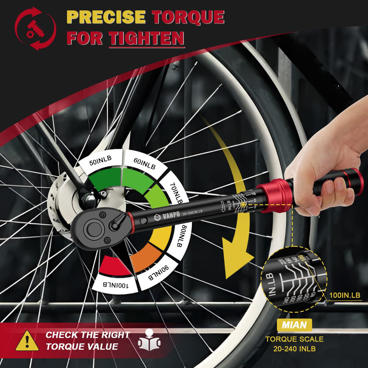 VANPO 1/4-inch Drive Click Torque Wrench, 20-240 in. lb/2.3-27.1 Nm, Inch Pound Torque Wrench Set with 1/4" to 3/8" Adapter, 10cm Extension Bar, Small Bike Torque Wrench for MTB, Bicycle Maintenance
