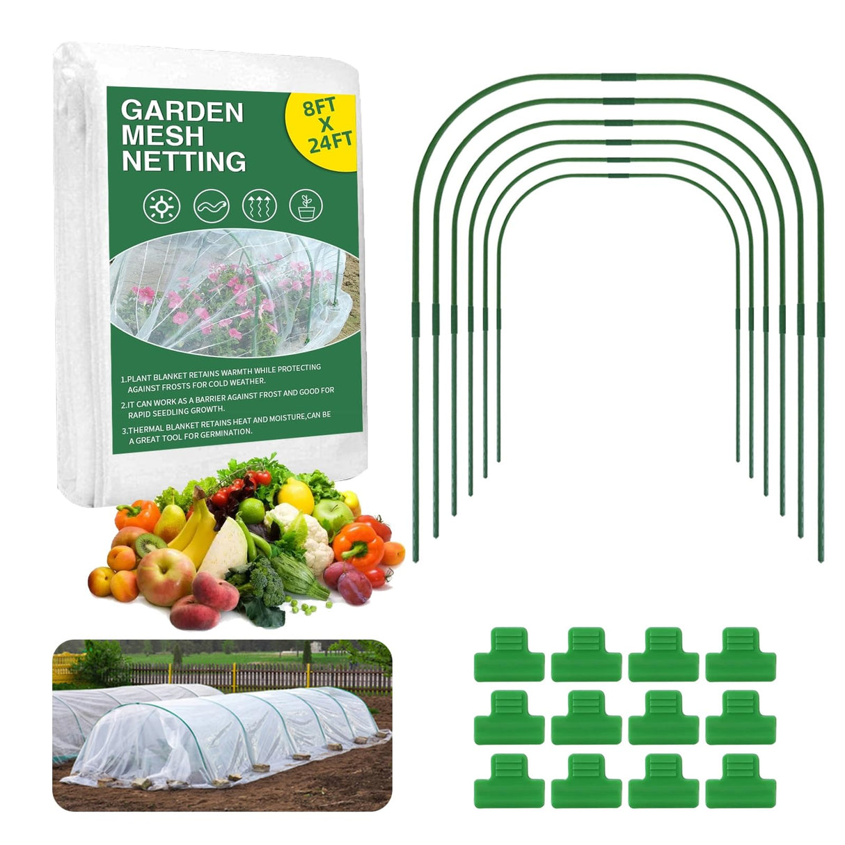 Garden Netting Kit for Raised Beds, 8x24Ft Ultra Fine Mesh Netting with 6 Sets Garden Hoops, Plant Row Cover Insect Netting Birds Pest Barrier Net for Vegetable Fruit Flowers