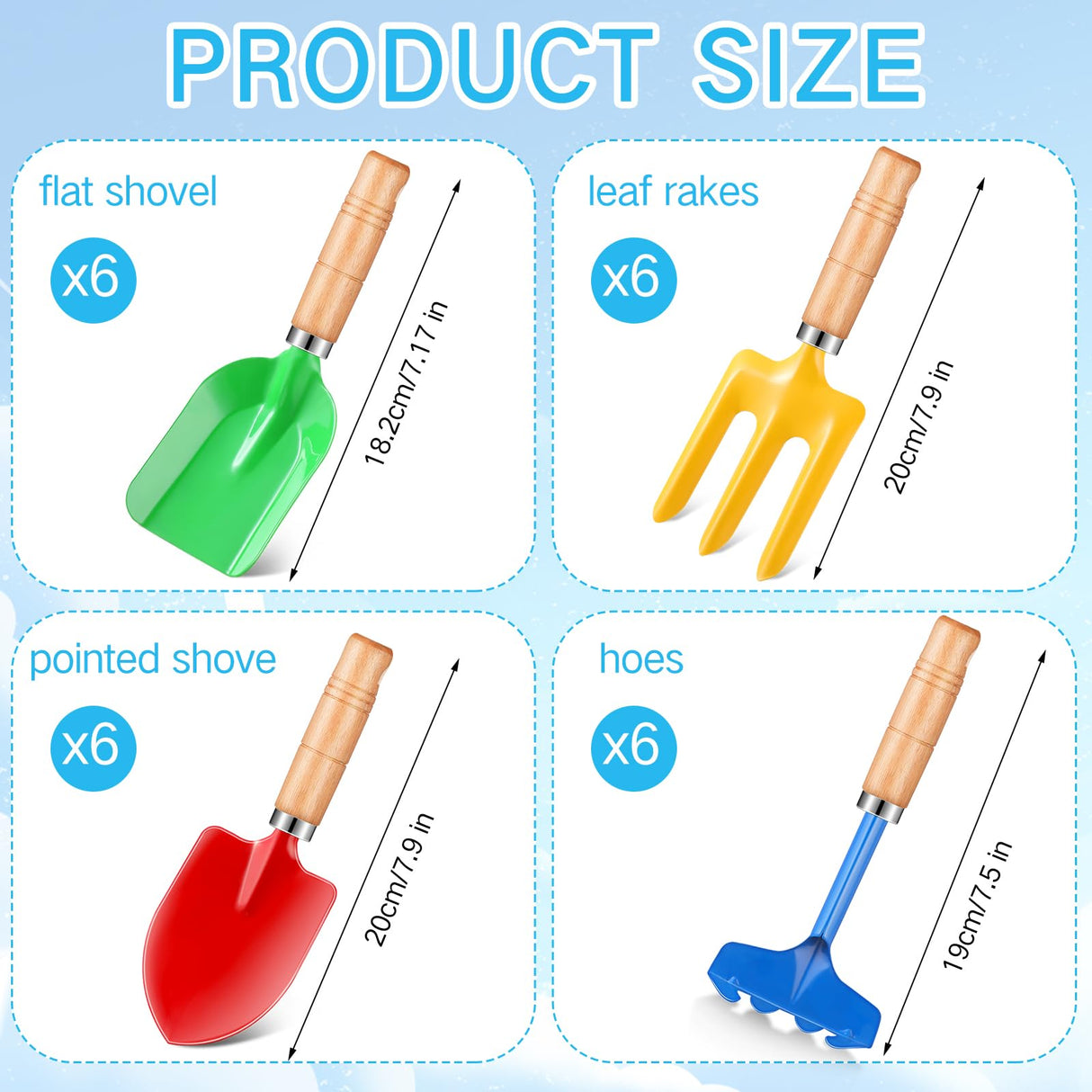 Motionchic 24 Pcs 8" Kids Gardening Tools, Metal Beach Sandbox Digging Toys with Wooden Handle, Including Shovel, Rake, Fork and Trowel, Garden Sand Snow Tools for Children Gift Outdoor Gardening