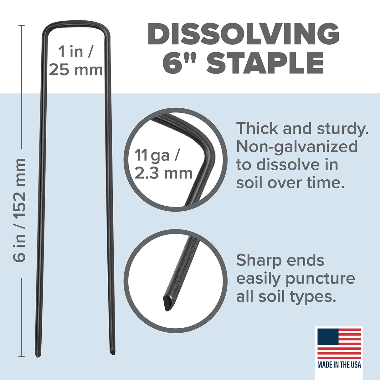 Pinnacle Mercantile USA Made 200 Pack Dissolving Garden Landscape Staples Weed Barrier Fabric Stakes 6 inch Pins Sod Staple 11 Gauge Steel