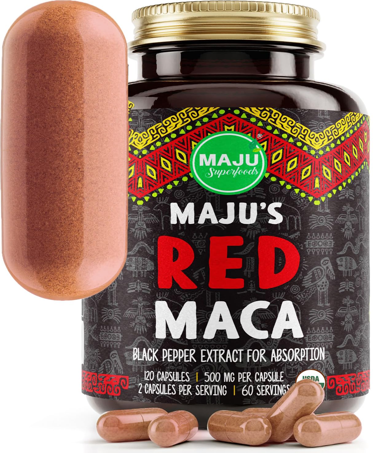 Maju Superfoods Organic Red Maca Root Capsules 120ct - Women Focused Curve Enhancement Nutrition Booster Pills, Gain for Thighs, Powder in Pill Supplement
