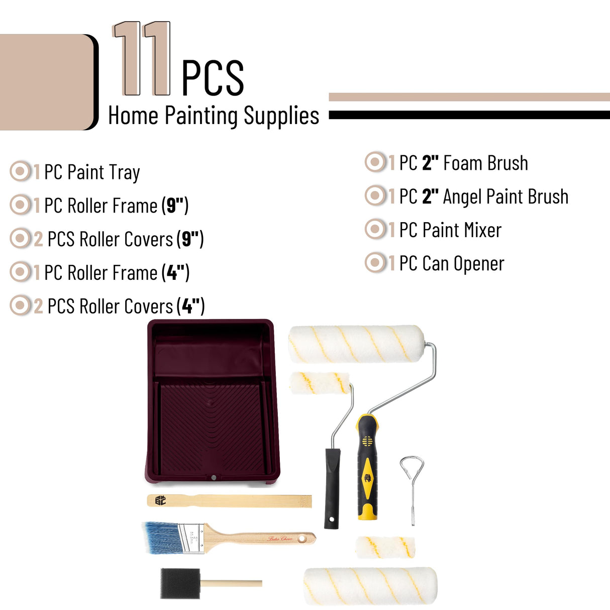 Bates Choice Paint Tray Set, 11 pcs, Paint Roller Kit, 9" & 4" Rollers, Small Paint Roller, Paint Roller Tray, 2" Angle Paintbrush, Foam Brush, Red Paint Tray