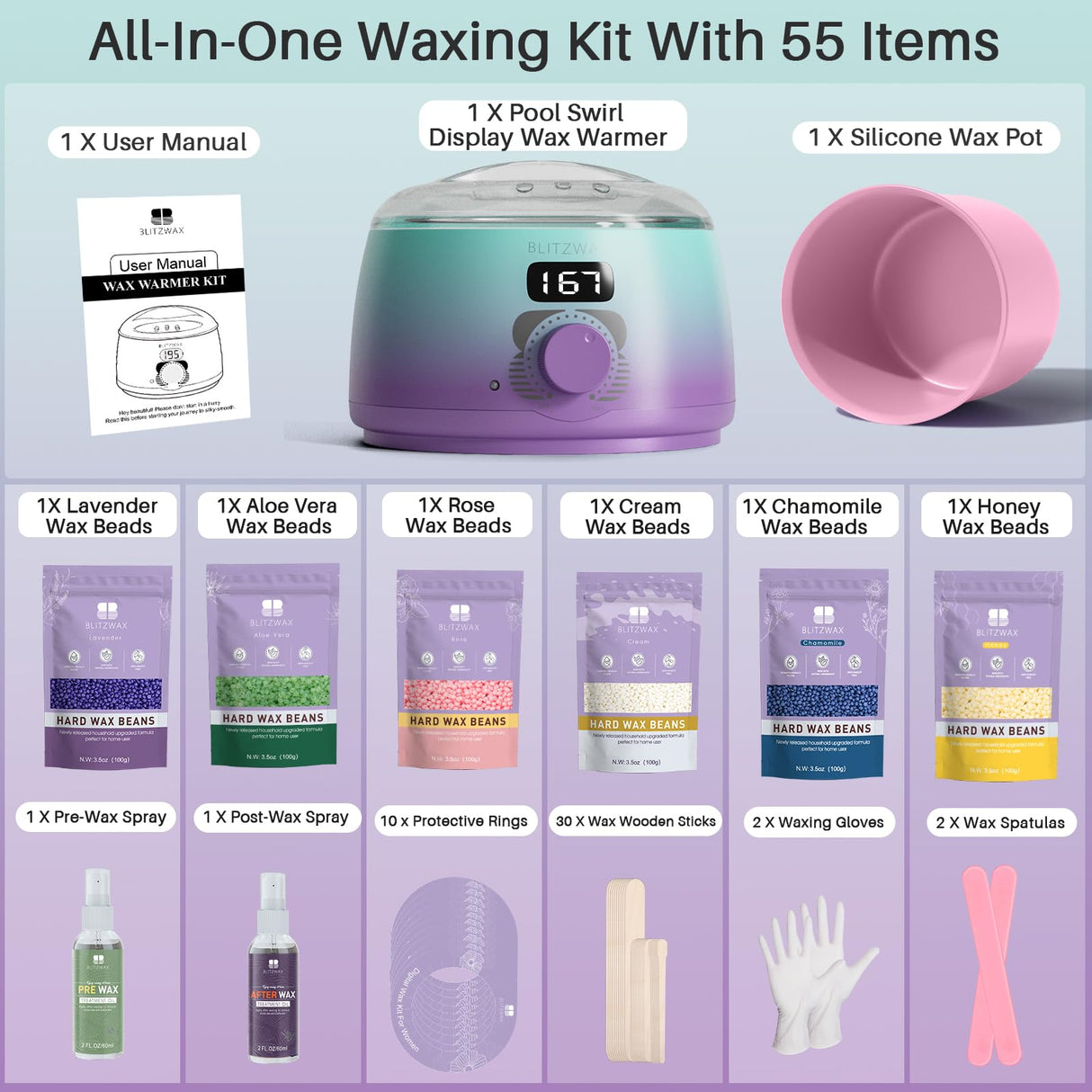 BLITZWAX Brazilian and Bikini Waxing Kit for Women, Hard Wax Warmer for Face, Legs, and Body, At Home Hair Removal Kit, Beginner Friendly, Quick Heating, 32pcs Wax Spatulas